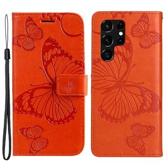 KT Imprinting Flower Series-2 Stand Functie PU lederen telefoonhoes Portemonnee Flip Vlinder bedrukte beschermhoes met riem voor Samsung Galaxy S22 Ultra 5G