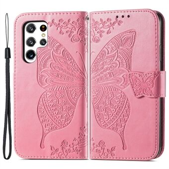 Voor Samsung Galaxy S22 Ultra 5G Bedrukt Vlinderbloem Scratch Modieus PU-leer + TPU Schokbestendig Telefoonhoesje Flip Stand Cover met riem