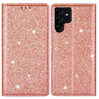 Flash Glitter Stand Design Automatisch sluitende magneet Leren telefoonhoesje met kaarthouder voor Samsung Galaxy S22 Ultra 5G