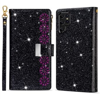 Lasergesneden glittery Starry Stand met rits, volledig verpakt lederen telefoonhoesje met riem voor Samsung Galaxy S22 Ultra 5G