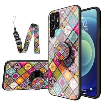 Valbestendig, goed beschermd gehard glas + pc + TPU standaard telefoon beschermhoes met draagkoord voor Samsung Galaxy S22 Ultra 5G