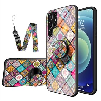 Valbestendig, goed beschermd gehard glas + pc + TPU standaard telefoon beschermhoes met draagkoord voor Samsung Galaxy S22 Ultra 5G