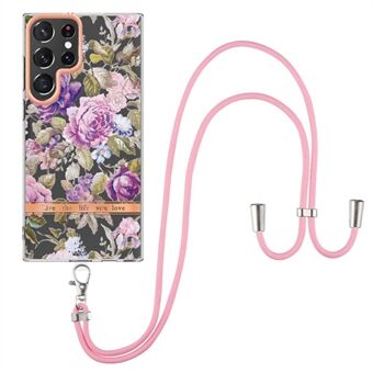 Voor Samsung Galaxy S22 Ultra 5G YB IMD-9 Serie Bloempatroon TPU Case Galvaniseren IMD IML Anti-val Telefoon Cover met Lanyard