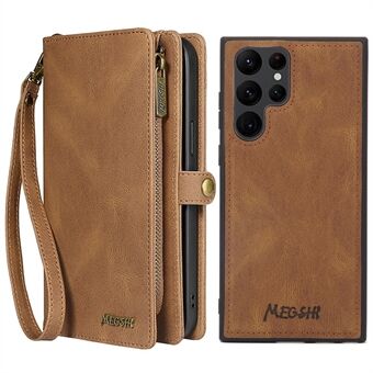 MEGSHI 017-serie afneembare magneethoes voor Samsung Galaxy S22 Ultra 5G, portemonnee met ritssluiting PU-leer schokbestendig flip-hoesje met polsband