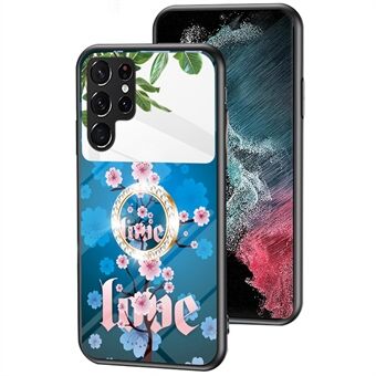 Magic Mirror Series voor Samsung Galaxy S22 Ultra 5G Kickstand Bloemenpatroon Hoesje Gehard Glas + PC + TPU Schokbestendige Telefoonhoes met Spiegel