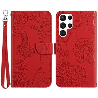 Voor Samsung Galaxy S22 Ultra 5G Opdruk Vlinder Bloem Verstelbare Stand Telefoonhoesje Skin-touch portemonnee PU lederen hoes met handriem