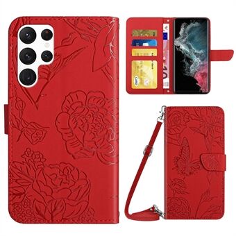 Voor Samsung Galaxy S22 Ultra 5G Vlinderbloemen Opdruk PU lederen telefoonhoes, Patroon Opdruk Ontwerp Portemonnee Verstelbare Stand hoes met schouderband