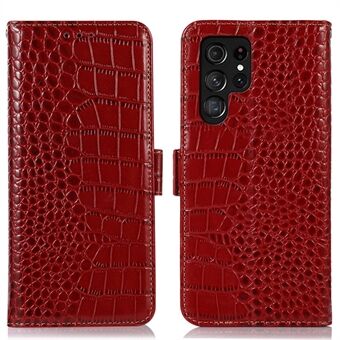 Voor Samsung Galaxy S22 Ultra 5G Volledige bescherming RFID-blokkering Echt rundleer portemonnee telefoonhoesje, krokodiltextuur Stand magnetische flip folio-hoes