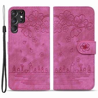 Voor Samsung Galaxy S22 Ultra 5G Anti-val Telefoon Portemonnee Hoesje Kersenbloesem Kat Bedrukt PU Lederen Stand Goed Bescherming Mobiele Telefoon Cover met Riem