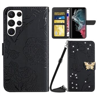 Voor Samsung Galaxy S22 Ultra 5G Vlinder Bloemen Opdruk PU Leer TPU Hoesje Strass Decor Telefoonhoesje met Portemonnee Stand en Schouderband