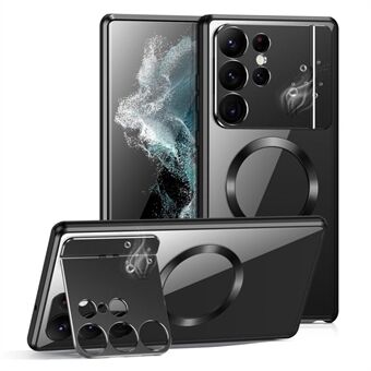 Aroma Design Legering+Acryl Hoesje voor Samsung Galaxy S22 Ultra 5G Lensbeschermer Kickstand Telefoonhoesje Compatibel met MagSafe