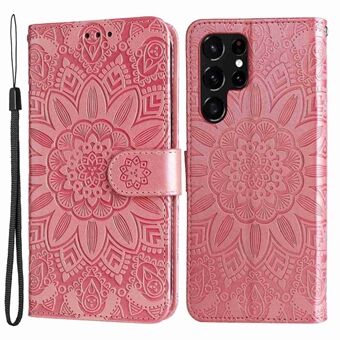 Voor Samsung Galaxy S22 Ultra 5G Zonnebloem bedrukt portemonnee telefoonhoes PU lederen polsband Stand functie flip cover