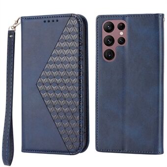 Voor Samsung Galaxy S22 Ultra 5G Kalf Textuur Portemonnee Stand Telefoonhoesje PU-leer Bedrukt Rhombus Cover met riem