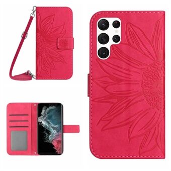 Voor Samsung Galaxy S22 Ultra 5G HT04 Anti- Scratch Bedrukte Zonnebloem Telefoonhoesje Skin-touch PU Lederen Stand Wallet Case met Schouderriem