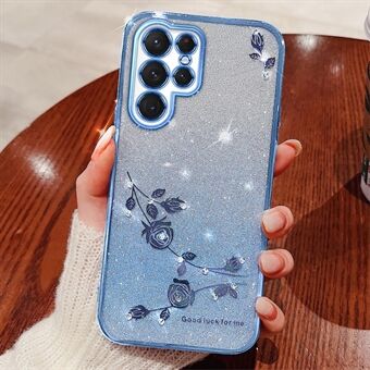 Voor Samsung Galaxy S22 Ultra 5G Anti-Shock Glitter Poeder Flexibele TPU Mobiele Telefoon Cover Bloem Patroon Decor Strass Telefoonhoesje Shell