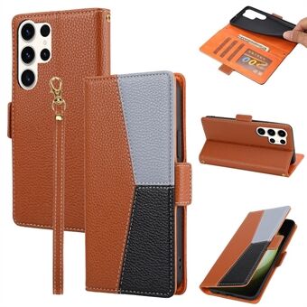 Leren telefoonhoesje met volledige bescherming voor Samsung Galaxy S22 Ultra 5G, driekleurige gesplitste litchi-textuur Stand flip portemonnee cover