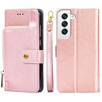 PU-leer + TPU flip-telefoonhoes portemonnee Stand ontwerp ritsvak telefoonhoes shell met riem voor Samsung Galaxy S22 5G - rosé goud