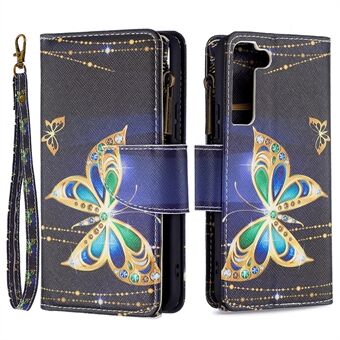 BF03 Patroonafdruk Stand Ontwerp Ritsvak Leren hoes Stand Telefoonhoes met draagriem voor Samsung Galaxy S22 5G