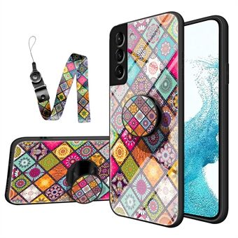 Bloemenpatroon Gehard Glas + PC + TPU Telefoon Hybride Hoesje met Standaard en Lanyard voor Samsung Galaxy S22 5G