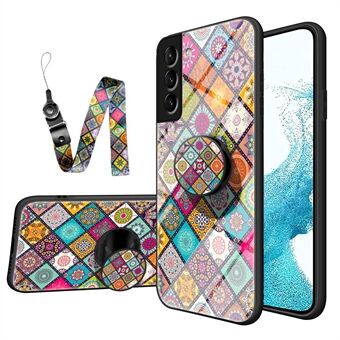 Bloemenpatroon Gehard Glas + PC + TPU Telefoon Hybride Hoesje met Standaard en Lanyard voor Samsung Galaxy S22 5G