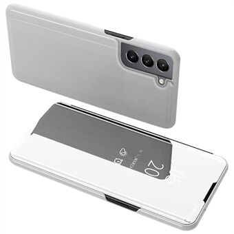 Galvaniseren Spiegel Oppervlak Slim Anti-drop PU Leer + PC Helder Venster Flip Telefoon Stand Cover voor Samsung Galaxy S22 5G