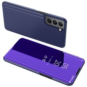 Galvaniseren Spiegel Oppervlak Slim Anti-drop PU Leer + PC Helder Venster Flip Telefoon Stand Cover voor Samsung Galaxy S22 5G