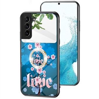 Magic Mirror Series voor Samsung Galaxy S22 5G Bloemenpatroon Spiegel Telefoonhoesje TPU Frame Gehard Glas + PC achterkant van de behuizing met Ring Kickstand