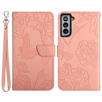 Opdruk Vlinderbloem Telefoonhoesje voor Samsung Galaxy S22 5G, Skin-touch Portemonnee Stand PU Lederen Cover met Handriem