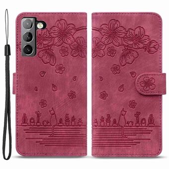 Voor Samsung Galaxy S22 5G Anti-val Scratch Telefoon Portemonnee Hoesje Kersenbloesem Kat Bedrukt PU Lederen Stand Goed Bescherming Mobiele Telefoon Cover met Riem