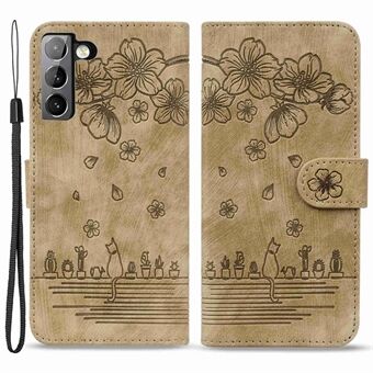 Voor Samsung Galaxy S22 5G Anti-val Scratch Telefoon Portemonnee Hoesje Kersenbloesem Kat Bedrukt PU Lederen Stand Goed Bescherming Mobiele Telefoon Cover met Riem