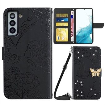 Stand met strassdecor voor Samsung Galaxy S22 5G, lederen telefoonhoes met vlinderbloemen bedrukt en schouderband