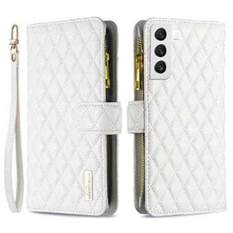 BINFEN COLOR voor Samsung Galaxy S22 5G BF Style-15 bedrukt Rhombus hoesje met ritsvak handsfree Stand mat PU lederen portemonnee cover