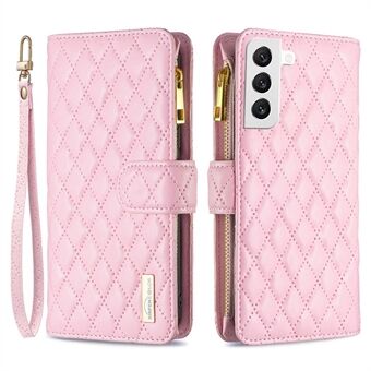 BINFEN COLOR voor Samsung Galaxy S22 5G BF Style-15 bedrukt Rhombus hoesje met ritsvak handsfree Stand mat PU lederen portemonnee cover