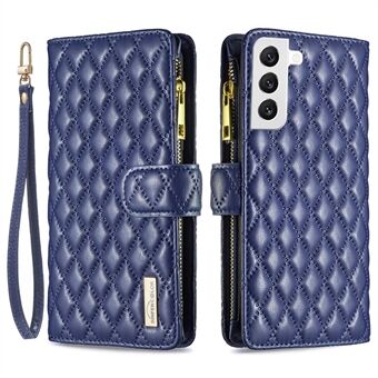 BINFEN COLOR voor Samsung Galaxy S22 5G BF Style-15 bedrukt Rhombus hoesje met ritsvak handsfree Stand mat PU lederen portemonnee cover