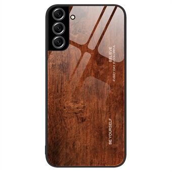 Voor Samsung Galaxy S22 5G Houten patroon Slijtvaste achterkant Gehard glas + TPU Anti-val telefoonhoesje