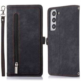 Voor Samsung Galaxy S22 5G PU lederen rits folio portemonnee hoesje Multifunctioneel 9 kaarthouder slots Flip beschermende telefoonhoes met polsband