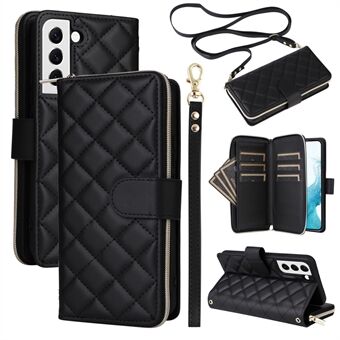 Voor Samsung Galaxy S22 5G Hoesje Wallet Rhombus Grid Leren Telefoonhoes met Korte / Lange Bandjes