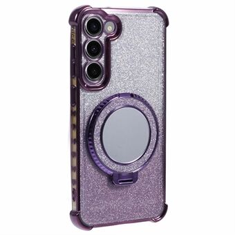 Voor de Samsung Galaxy S22 5G Case TPU Glitter Telefoonhoes met uitklapbare steun en spiegel.