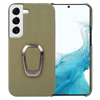 Voor Samsung Galaxy S22 5G Ring Kickstand Beschermhoes Litchi Textuur Echt Leer Gecoat Harde PC Schokbestendige Telefoon Cover