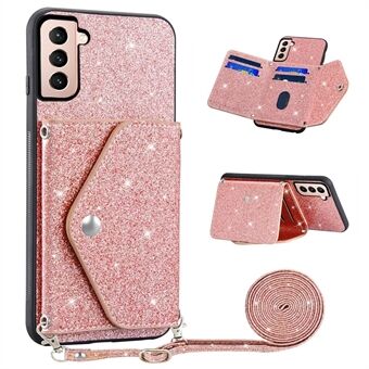 Telefoonhoesje met standaard kaarthouder voor Samsung Galaxy S22 5G, PU-leer + TPU glitterpoeder telefoonhoes