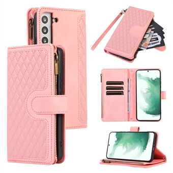 Voor Samsung Galaxy S22 5G 9 Kaartsleuven Ritsvak PU Lederen Telefoon Case Rhombus Opdruk Stand Wallet Cover