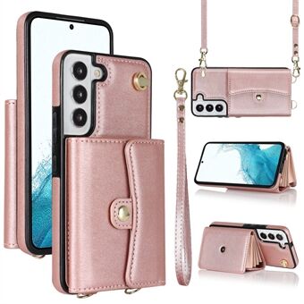 Voor Samsung Galaxy S22 5G Kaartsleuven Telefoon Shell PU Leer + TPU Telefoon Case Kickstand Cover met Korte + Lange Bandjes