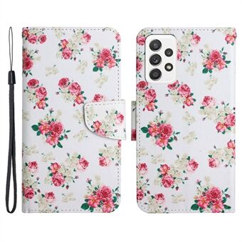 Portemonnee hoesje van PU leder met kruis textuur, patroonprint, standaard en magnetische flip-cover met bandje voor de Samsung Galaxy A33 5G.