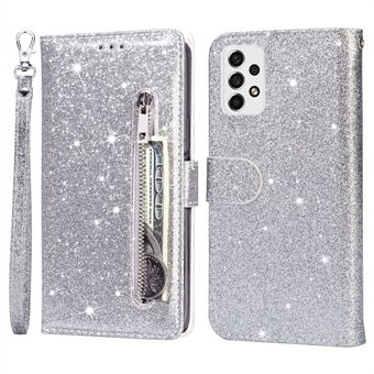 Voor Samsung Galaxy A33 5G Glittery PU lederen tas Stand Wallet Design Ritsvak Telefoon Shell met riem