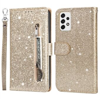 Voor Samsung Galaxy A33 5G Glittery PU lederen tas Stand Wallet Design Ritsvak Telefoon Shell met riem