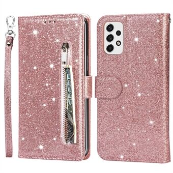 Voor Samsung Galaxy A33 5G Glittery PU lederen tas Stand Wallet Design Ritsvak Telefoon Shell met riem