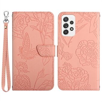 Opdruk vlinderbloem lederen hoes voor Samsung Galaxy A33 5G, portemonnee Stand skin-touch telefoonhoes met draagriem