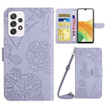 Voor Samsung Galaxy A33 5G Vlinder Bloemen Opdruk PU Lederen Telefoon Shell, Patroon Opdruk Ontwerp Portemonnee Horizontale Stand Case met Schouderriem