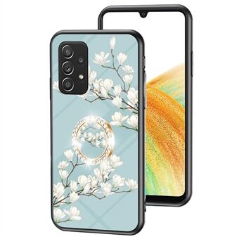 Voor Samsung Galaxy A33 5G Bloemenpatroon Gedrukt TPU + PC + Gehard Glas Anti-vingerafdruk Mobiele Telefoon Case met Kickstand