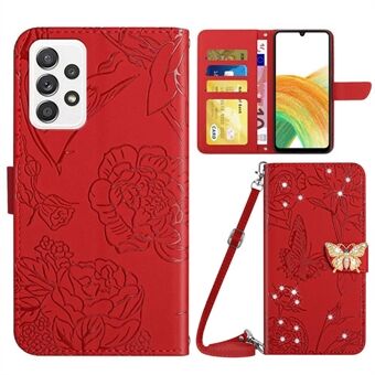 Voor Samsung Galaxy A33 5G Skin-touch Telefoonhoesje Vlinder Bloemen Bedrukt Strass Decor Telefoon Portemonnee Cover Stand met Schouderriem